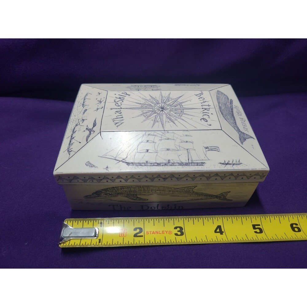 Vintage Scrimshaw Beatrice Whaleship Trinket Jewelry Box Faux Made In England